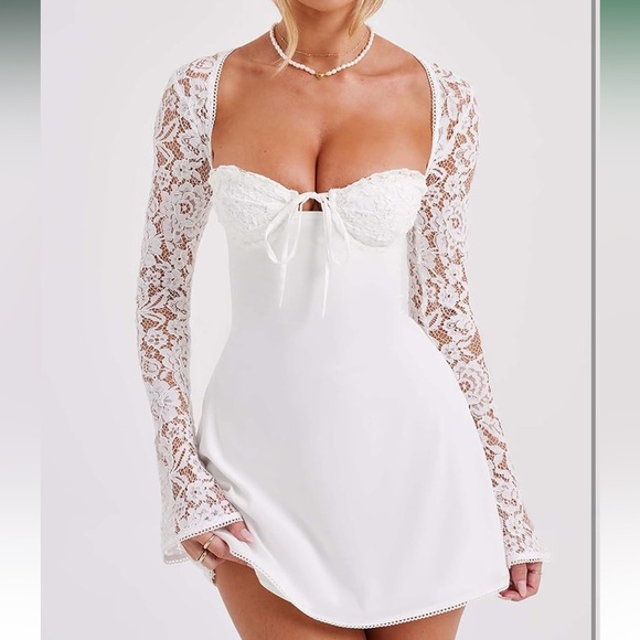 NEW White Lace Sleeve Dress Crochet Ruffle Cute Romantic Flirty Girly Pretty Bow - Picture 3 of 10